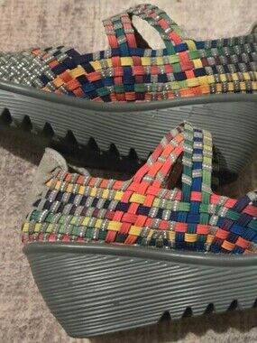 bernie mev. Multicolor Woven Stretch Sandals with Silver Accents. Very Cute.
